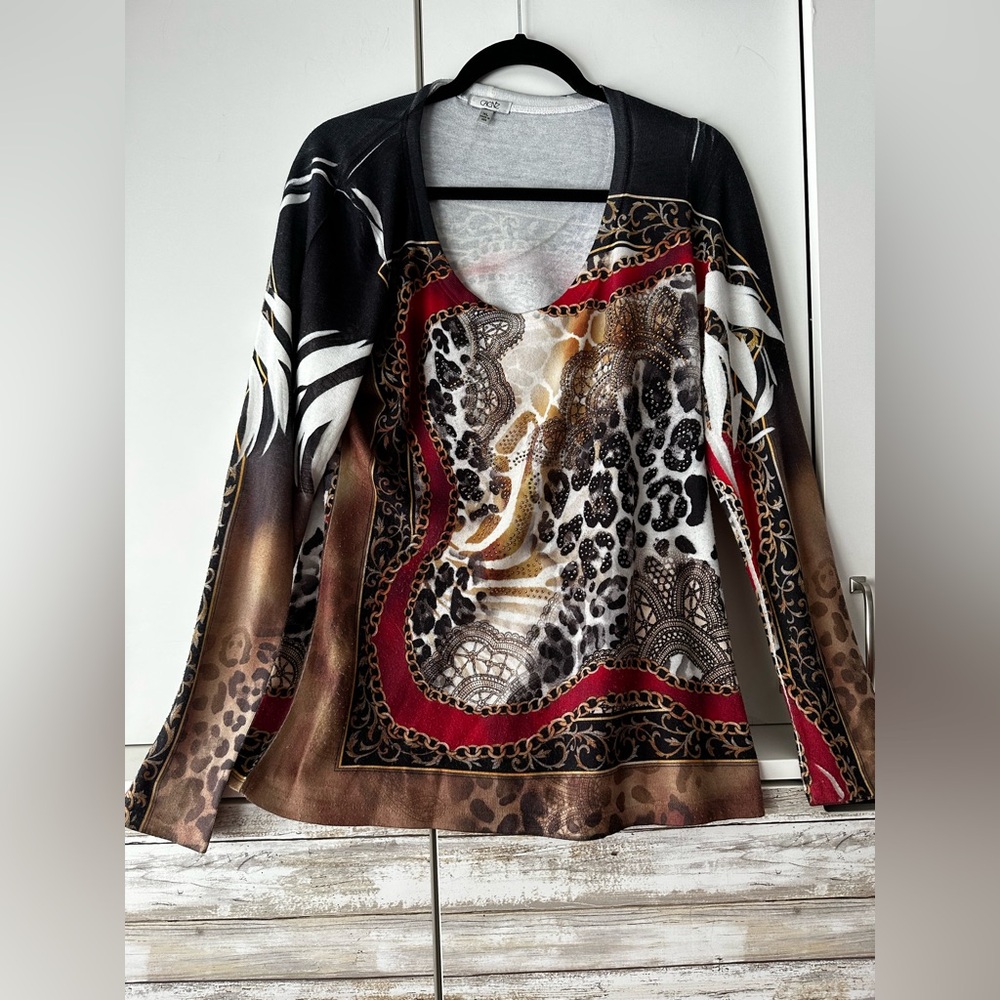 🖤 Cache XL Animal Print Scarf Border Long Sleeve Top Blouse Statement Print